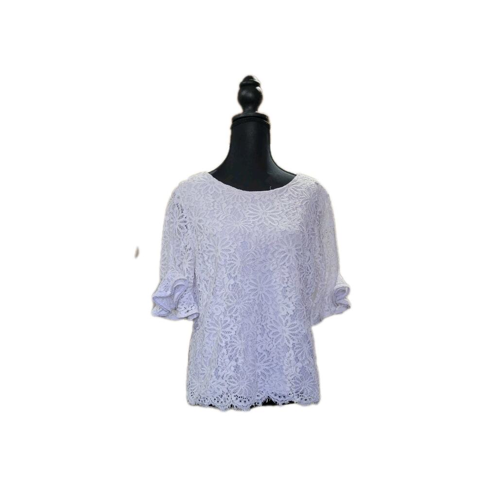 Nanette Lepore Womens L White Contemporary Floral Lace Short Sleeve Blouse